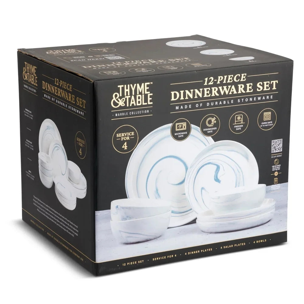 12 Piece Blue Marble Stoneware Dinnerware Set Microwave Safe Dishwasher Safe