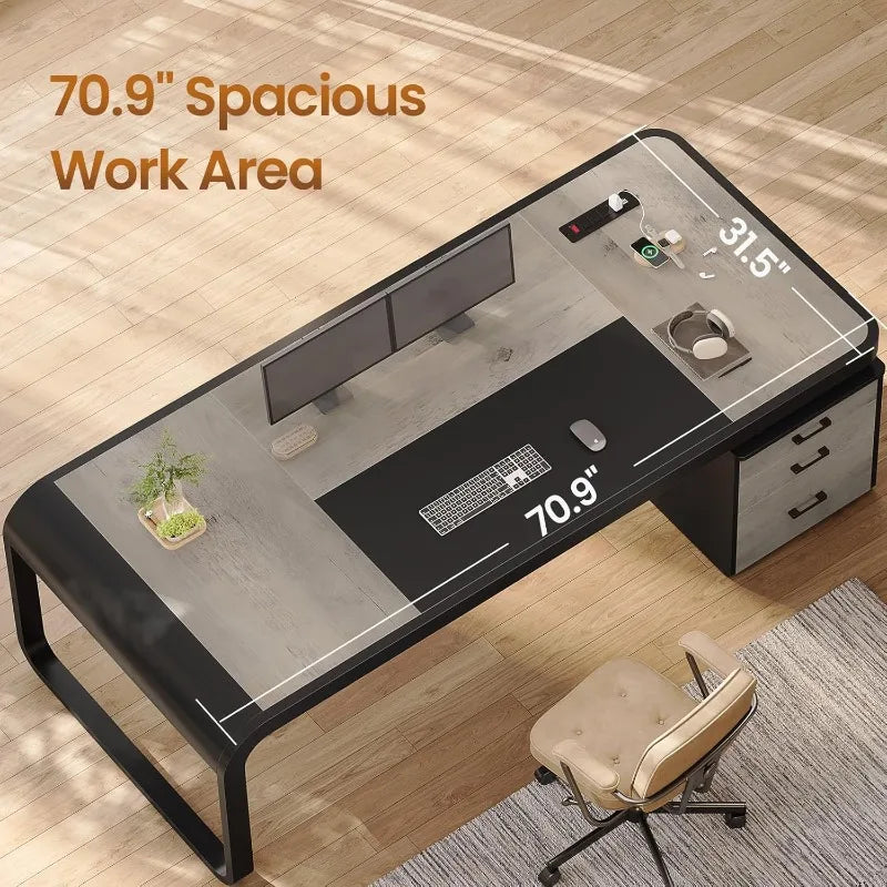 70.9 Inch Executive Desk Large Computer Desk with Drawers and Cabinet