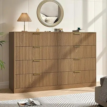 Dresser with 8 Drawers 55 Inch Wooden Mid Century Chest of Drawers