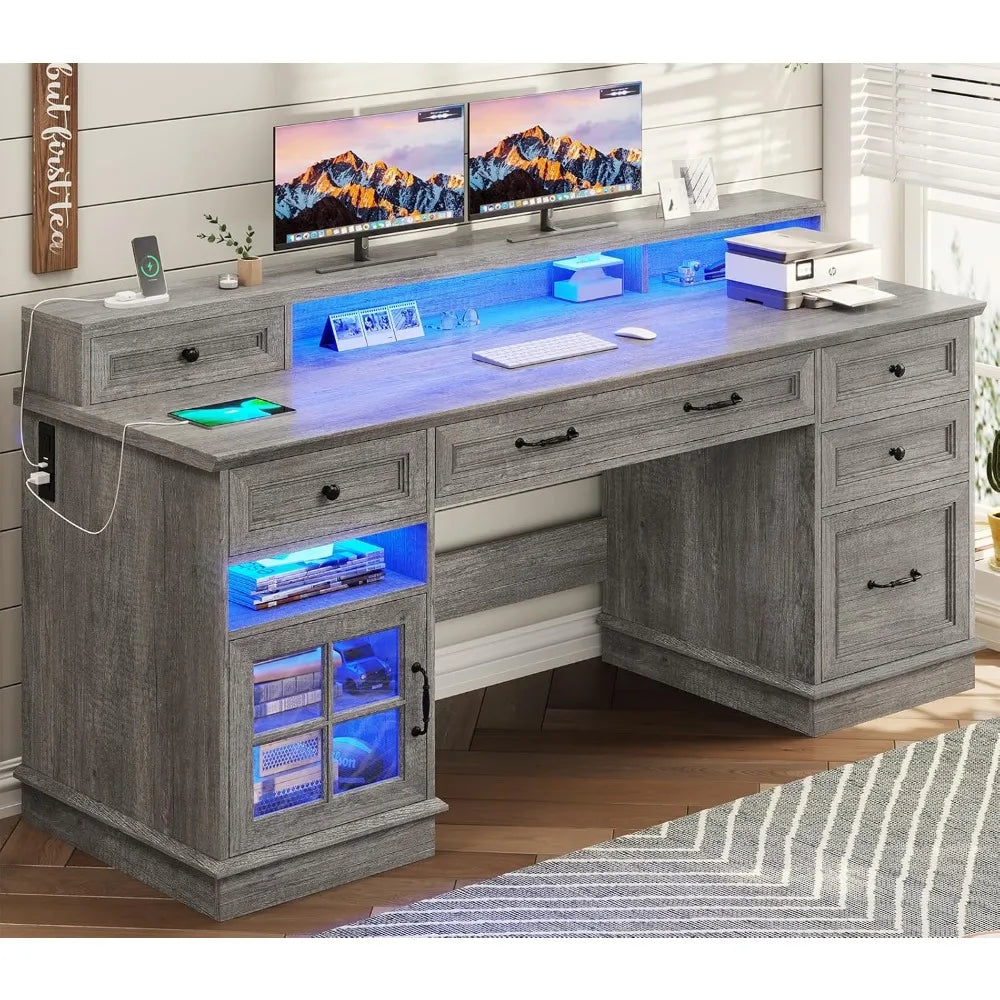 Farmhouse Executive Desk with Charging Station and LED Lights