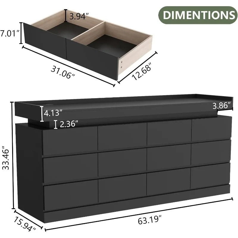 12 Drawer Dresser with LED Light and Power Outlet Modern Storage Solution