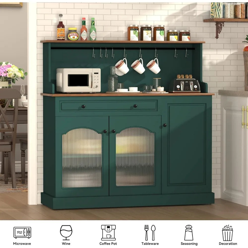 48 Inch Kitchen Pantry Wood Coffee Bar Cabinet with Glass Doors