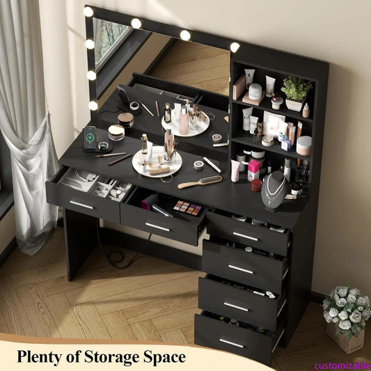 Ljustra Vanity Desk Lighted Mirror Power Outlet Makeup Table 6 Drawers