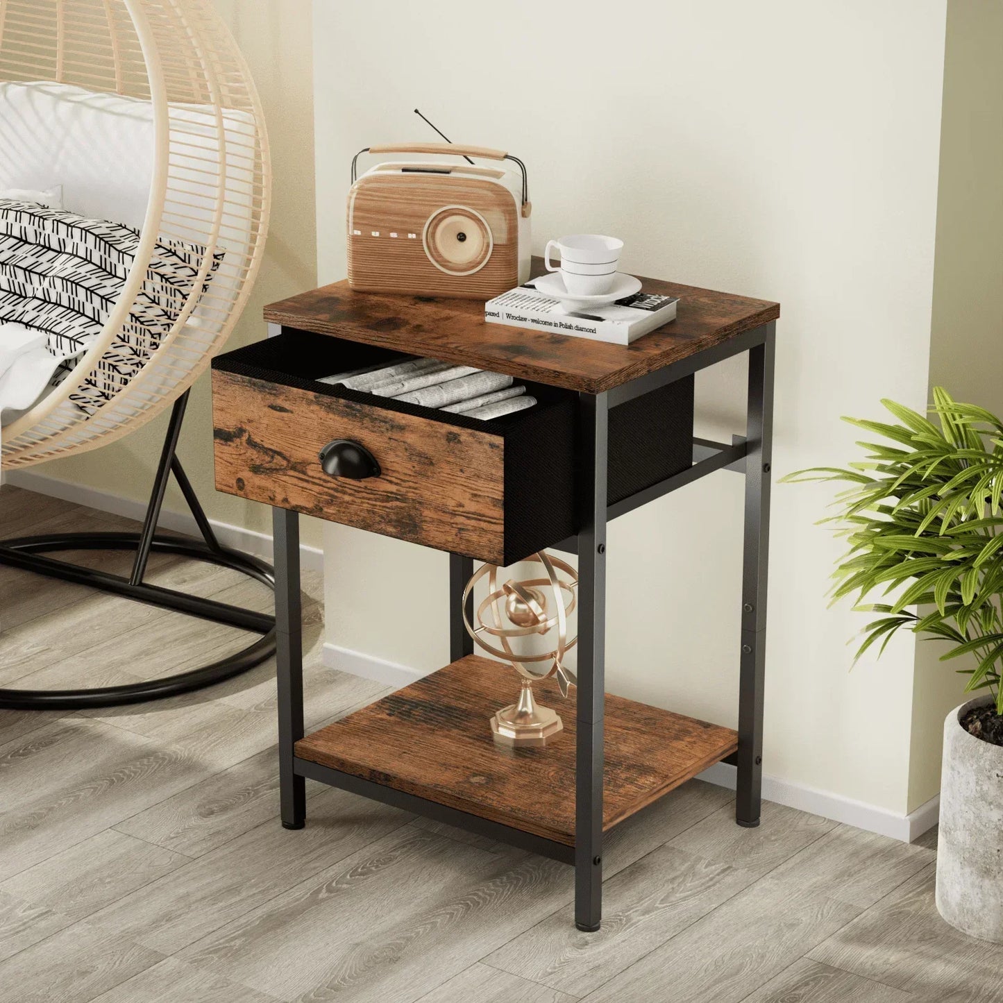 Nightstands Set of 2 Industrial End Table with Drawer and Storage Shelf