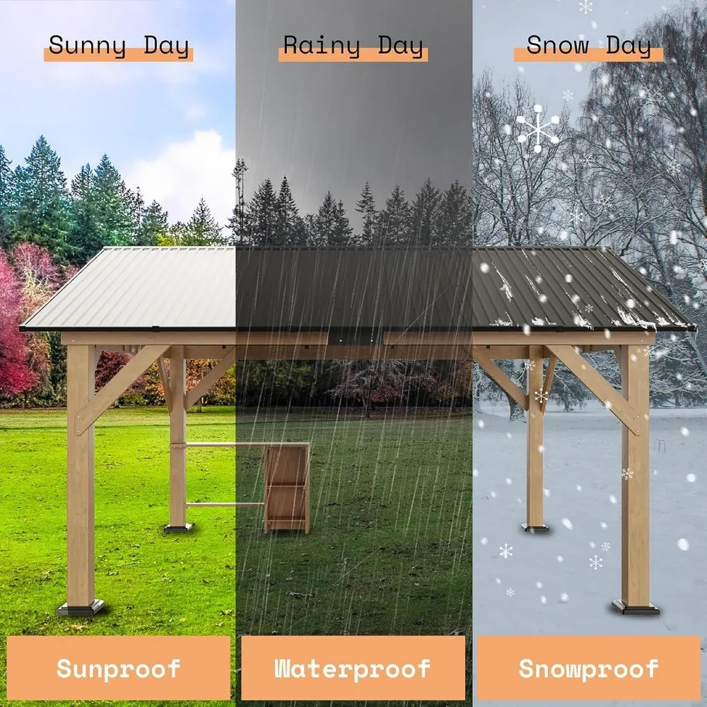 13x15 ft Spruce Wood Gazebo Outdoor Pavilion with Bar Storage