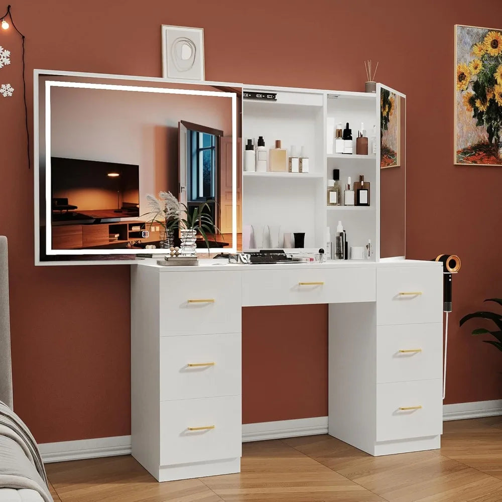 Modern Vanity Desk with Lighted Mirror Charging Station Makeup Table