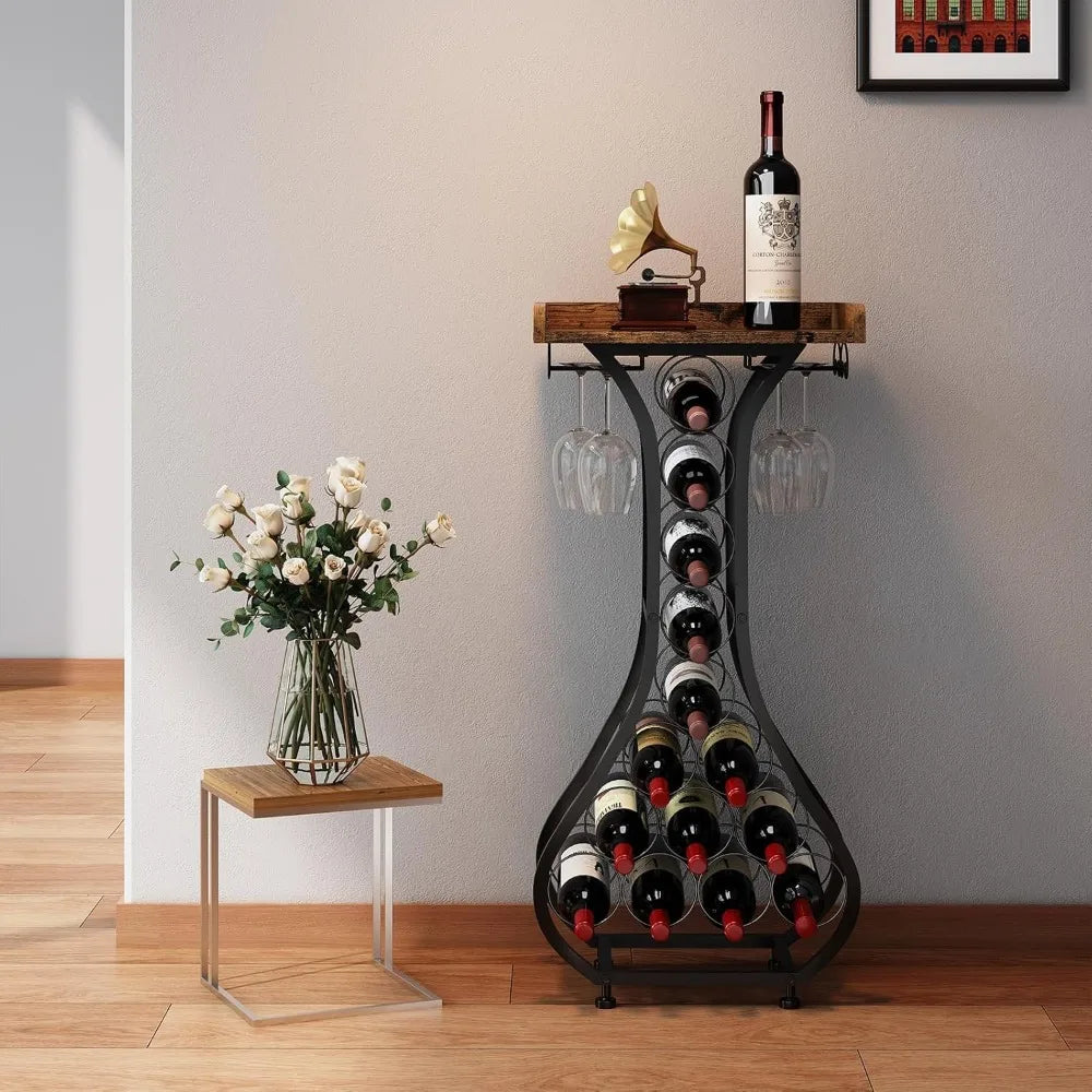 Mini Bar Table Wine Cabinet with Glass Shelf Wooden Top Home Bar Storage
