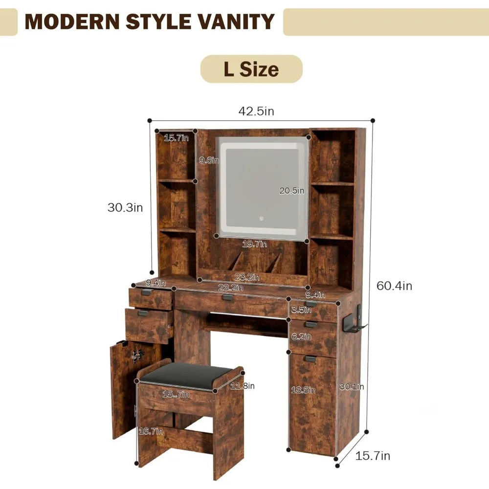 Makeup Vanity Table Set with Mirror Lights and Chair Touch-Sensitive