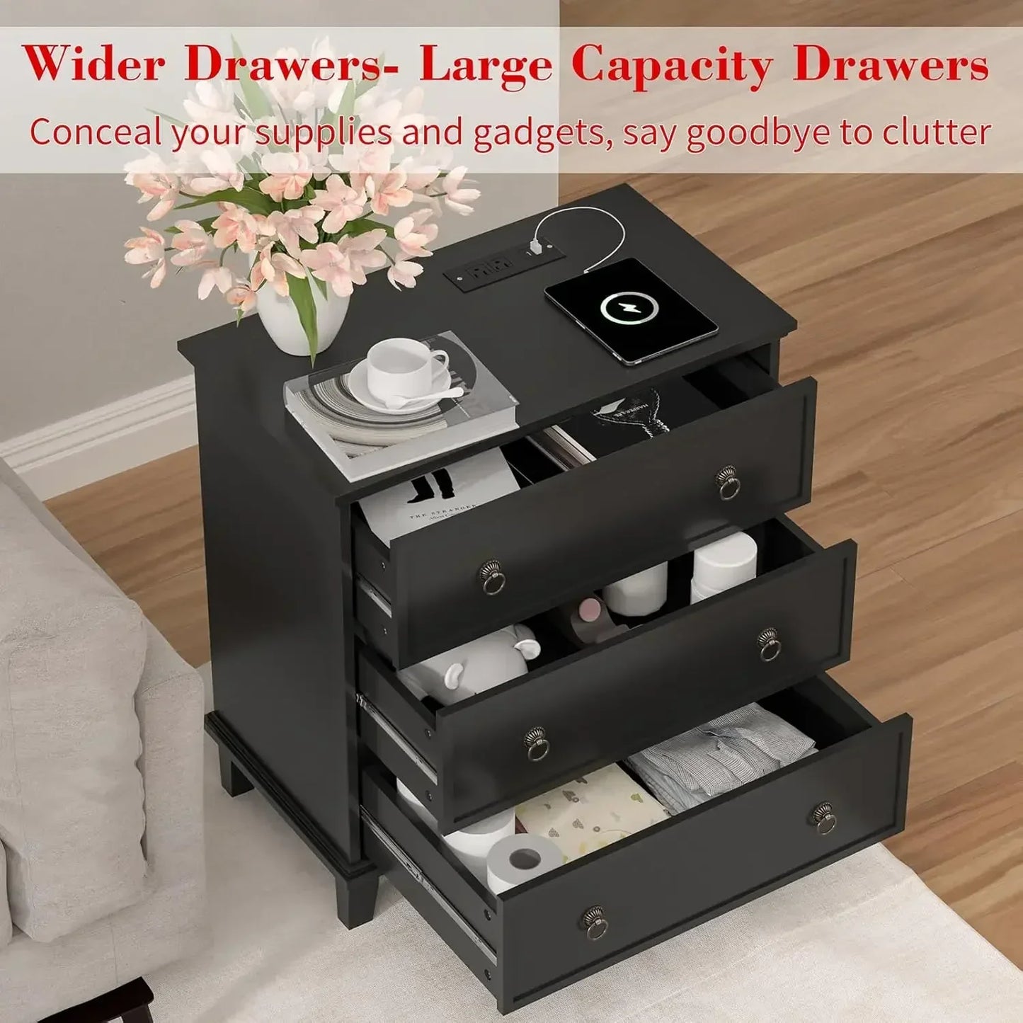27.6 Inch Nightstand Set of 2 with Charging Station and 3 Drawers