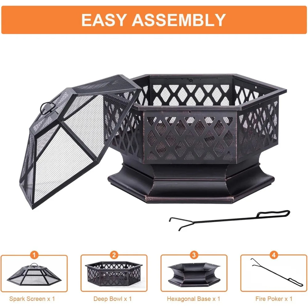 Outdoor Fire Pit Hexagon Wood Burning Patio Bonfire 33 Inch