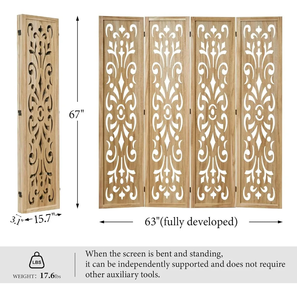 5.6Ft Folding Wood Room Divider 4 Panels Home Office Garden Screen