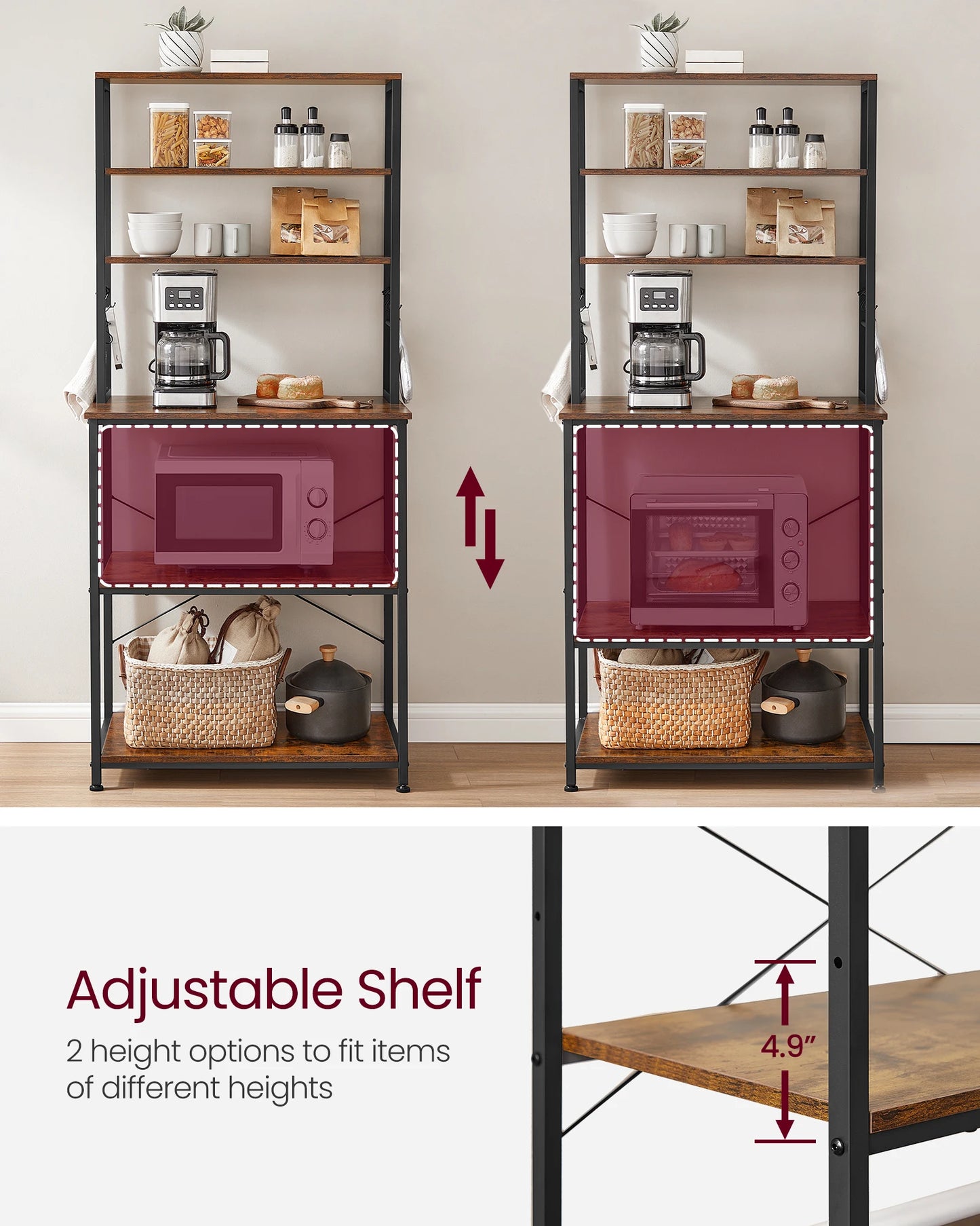 VASAGLE 6-Tier Kitchen Shelves Baker’s Rack Microwave Stand Industrial