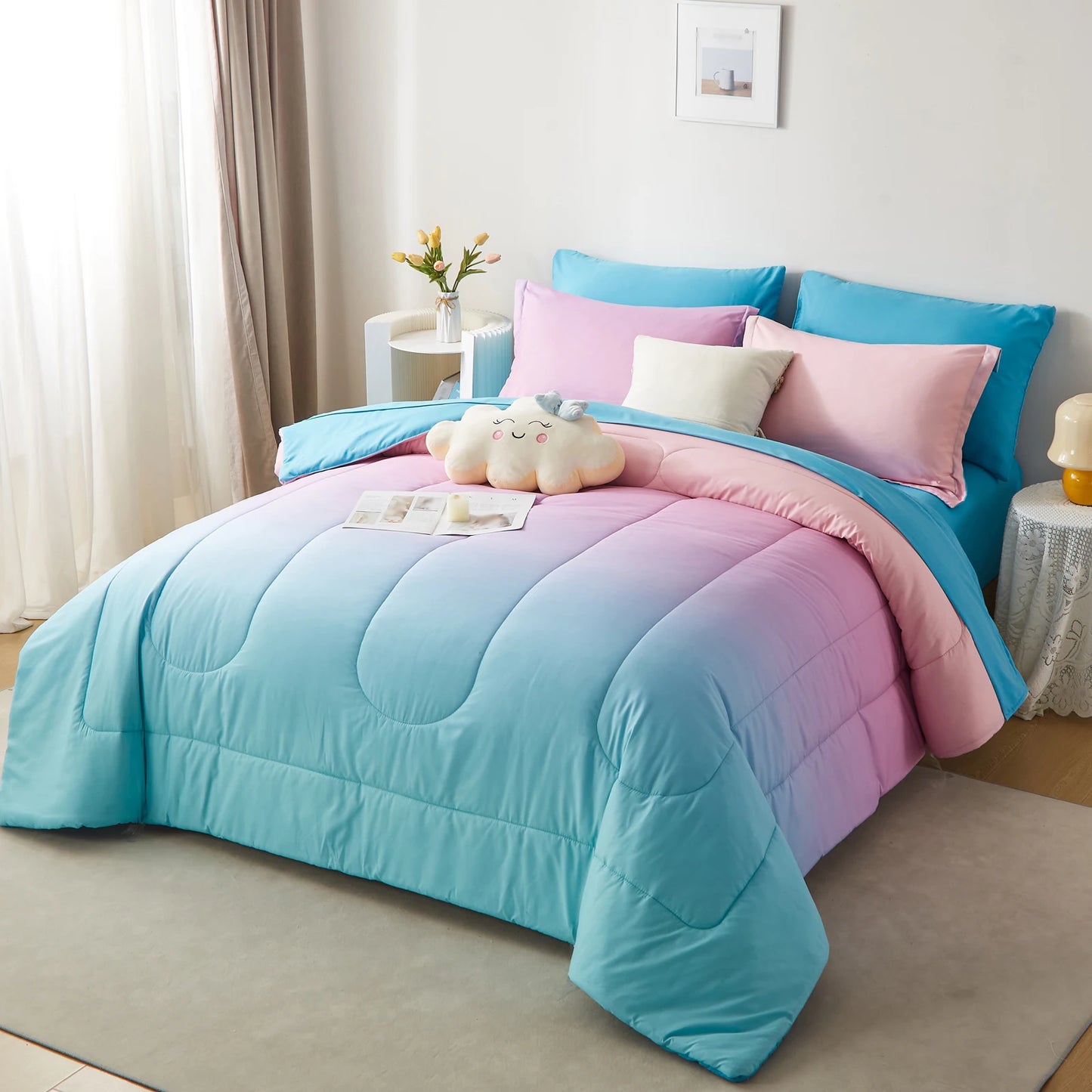 7 Piece Gradient Comforter Set Bedding Queen King Twin Full Soft Microfiber