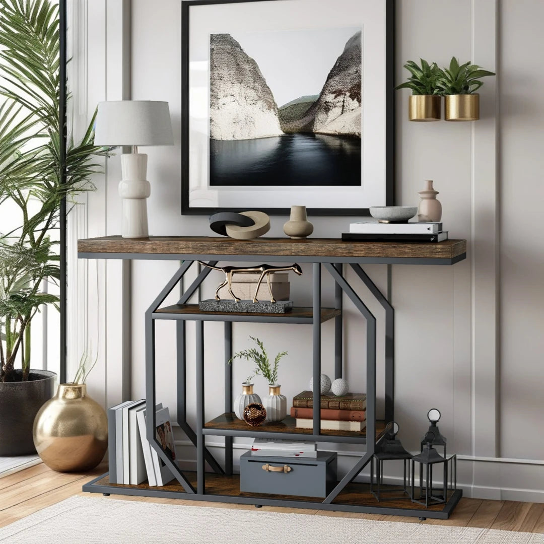 120cm Industrial Console Table 4-Tier Metal Shelves Entryway Storage