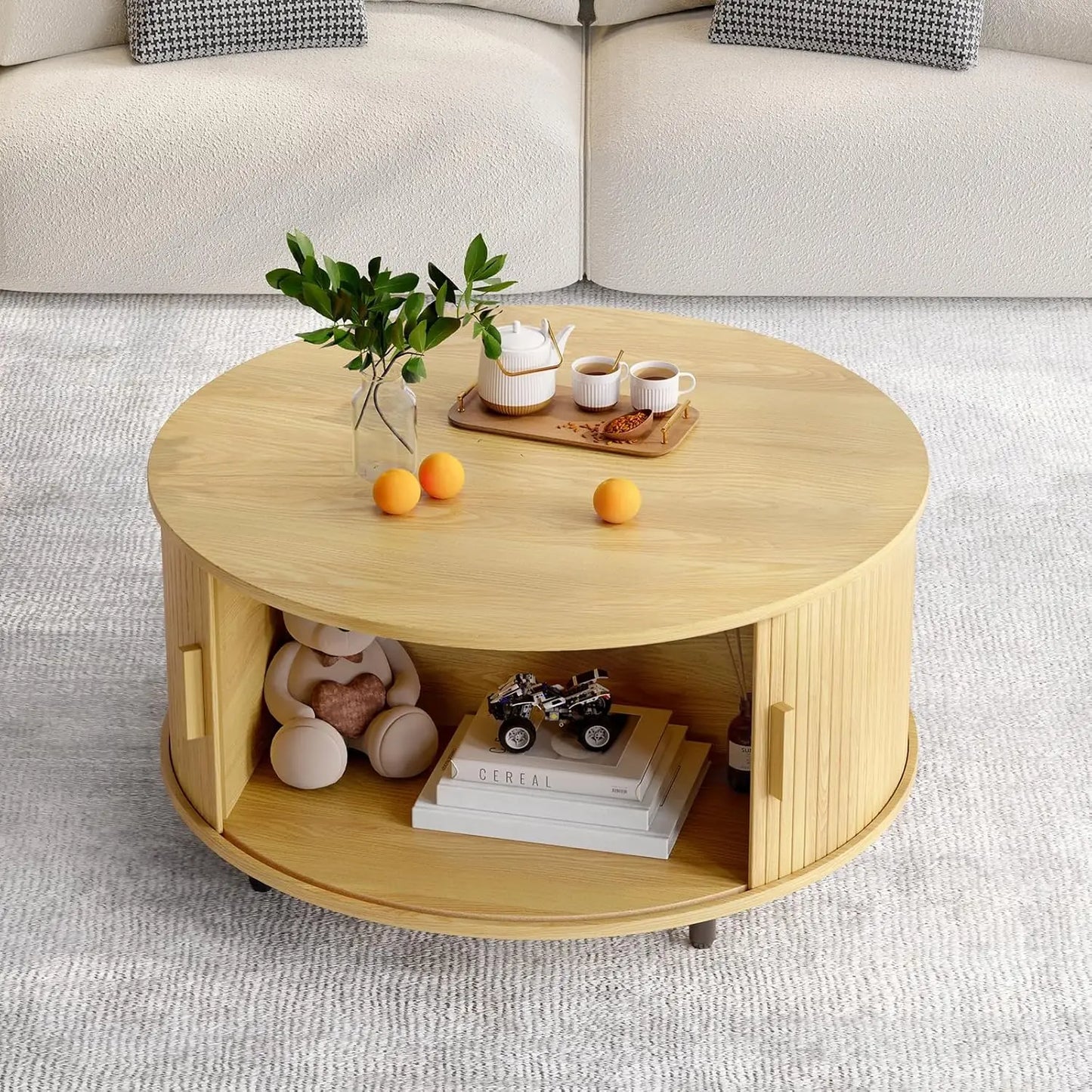 Round Coffee Table with Storage Modern 31.5 Inch Curved Sliding Door