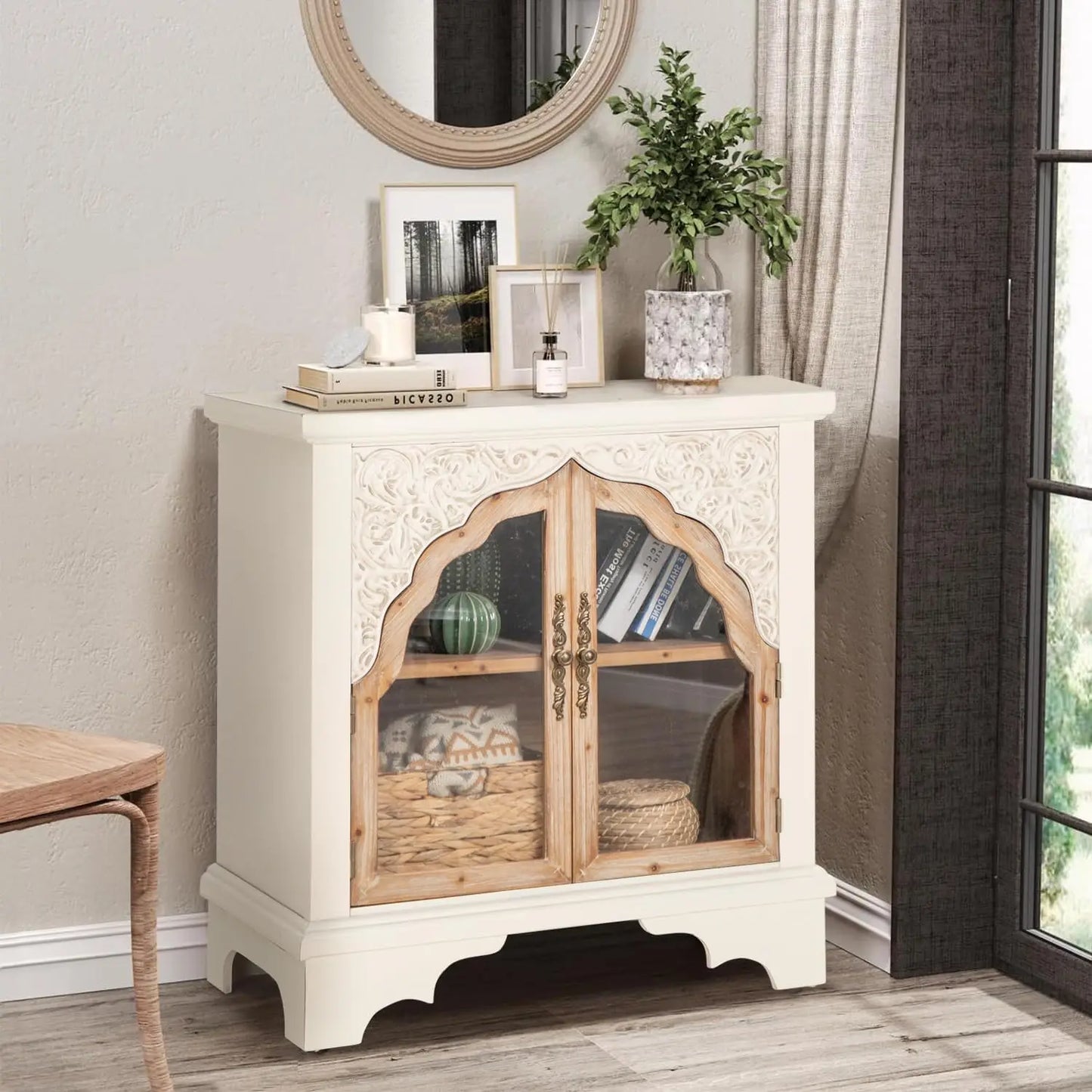 Accent Storage Cabinet Distressed Buffet Sideboard Metal Window Doors