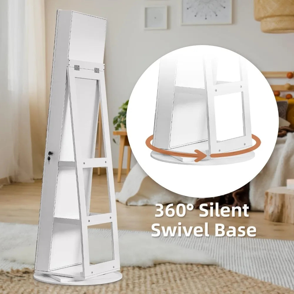 Freestanding Rotating Jewelry Cabinet with Full-Length Mirror Storage