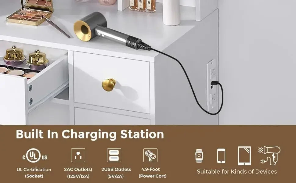 Vanity Desk Set LED Lighted Mirror Makeup Table with Storage and Stool