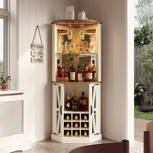 Corner Bar Cabinet 72 Inch Wine Storage LED Lights Glass Rack Coffee Station