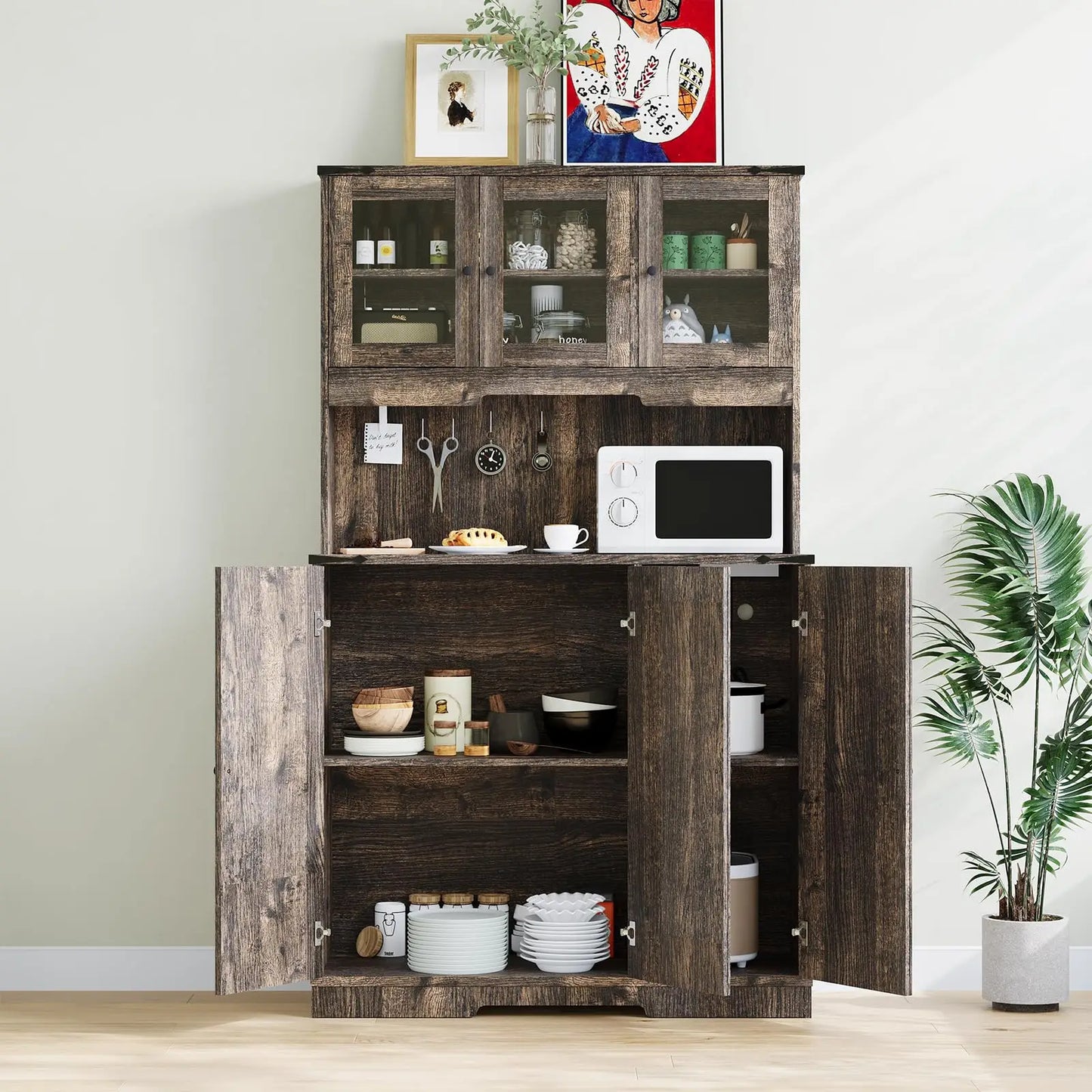 Pantry Cabinet with Charging Station 70.5" Tall Kitchen Hutch Storage