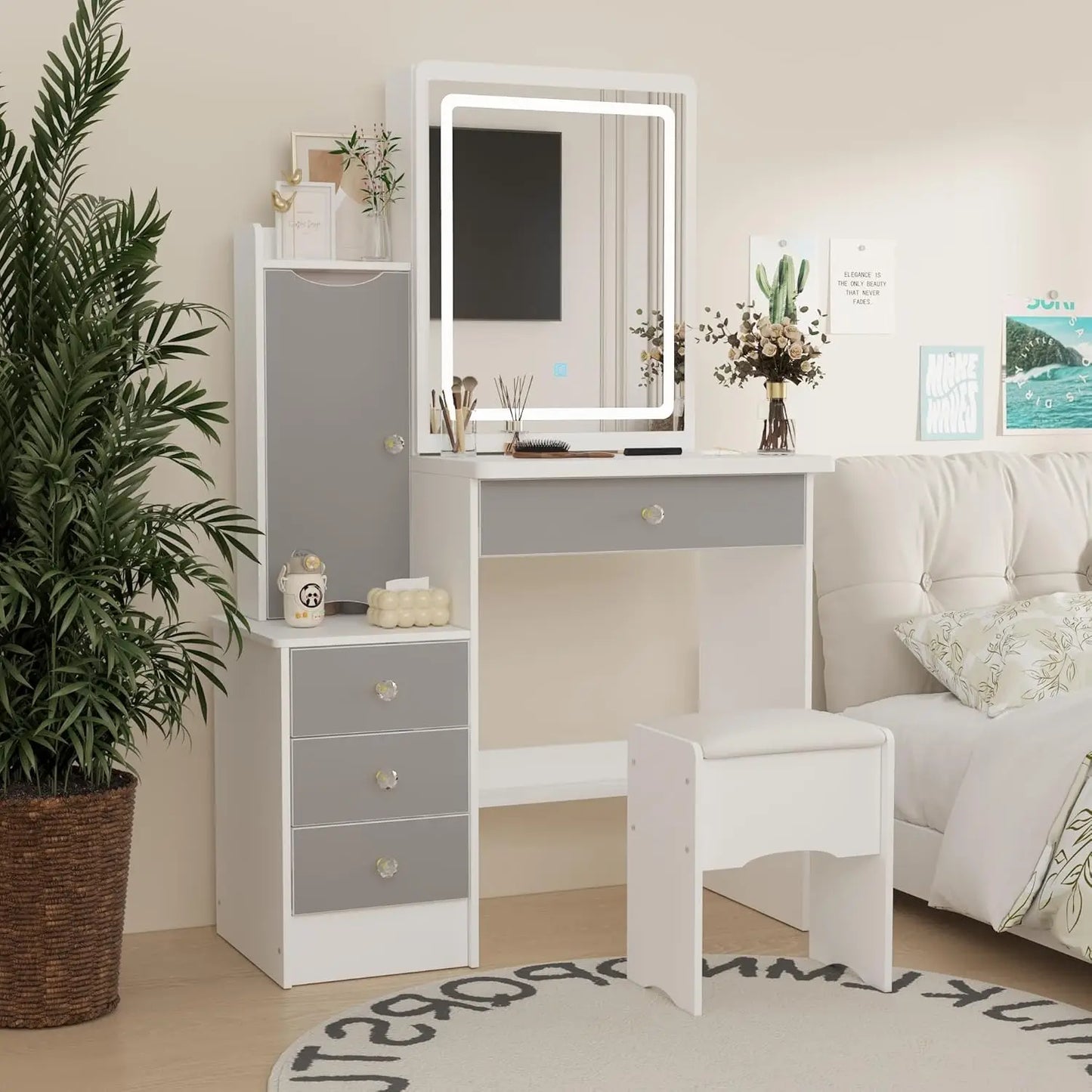 Vanity Desk Set with Sliding Lighted Mirror LED Makeup Table 3 Drawers