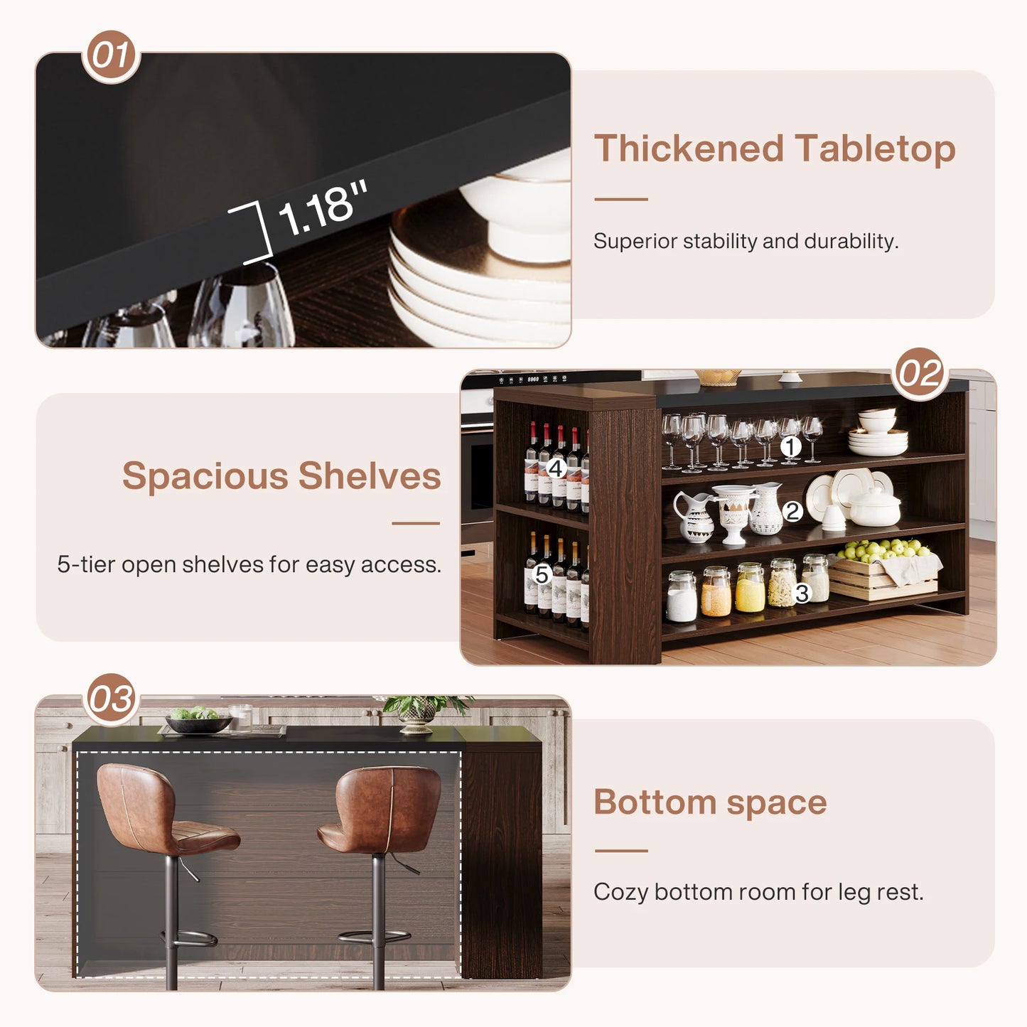 Ljustra 55 Inch Kitchen Island Table with Storage Farmhouse Style