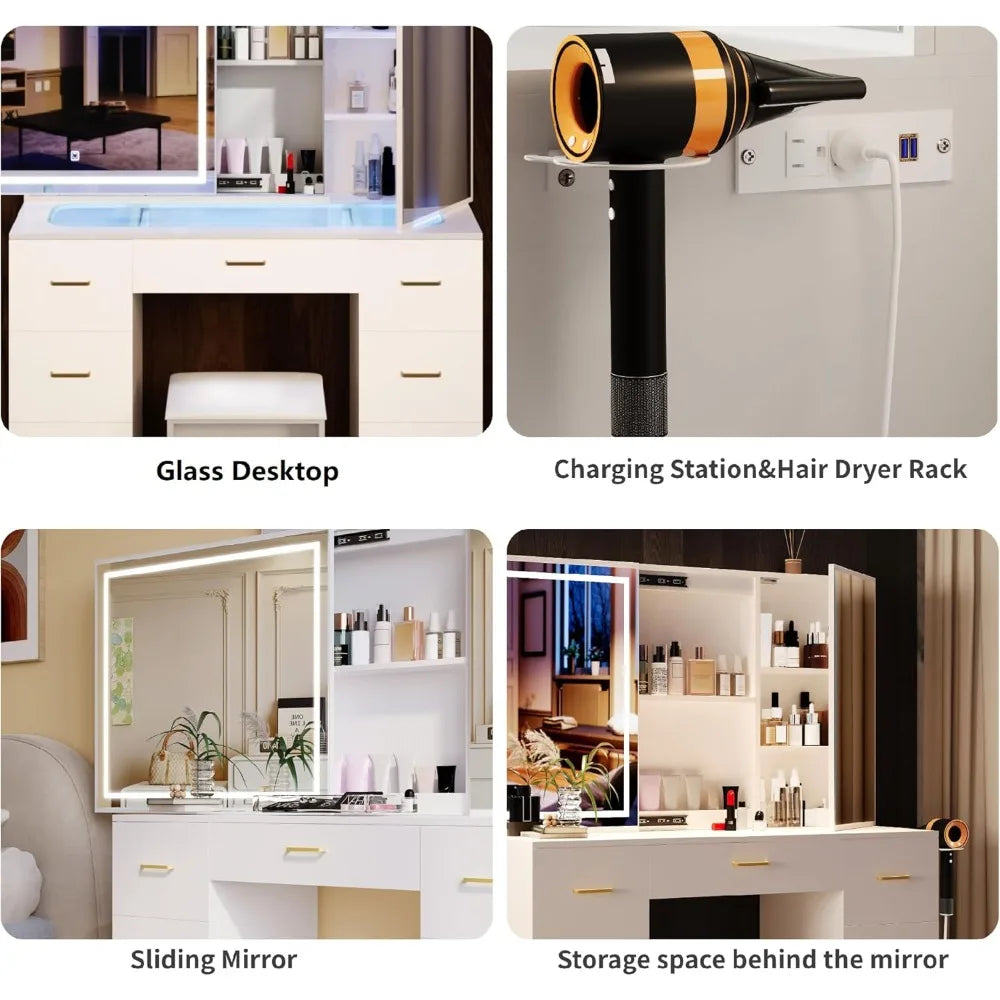 Modern Vanity Desk with Lighted Mirror Charging Station Makeup Table