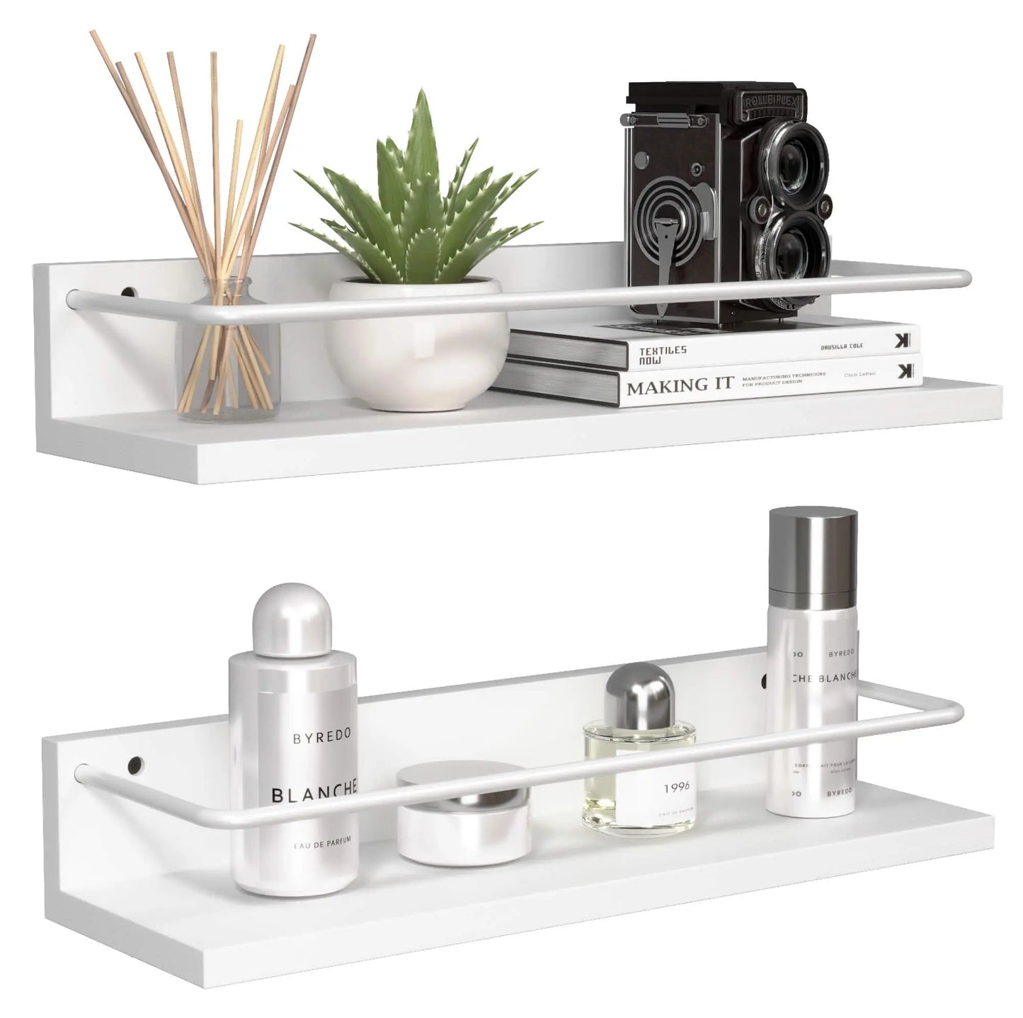 Floating Black Shelves with Metal Guardrail Set of 2 Modern Bathroom Storage