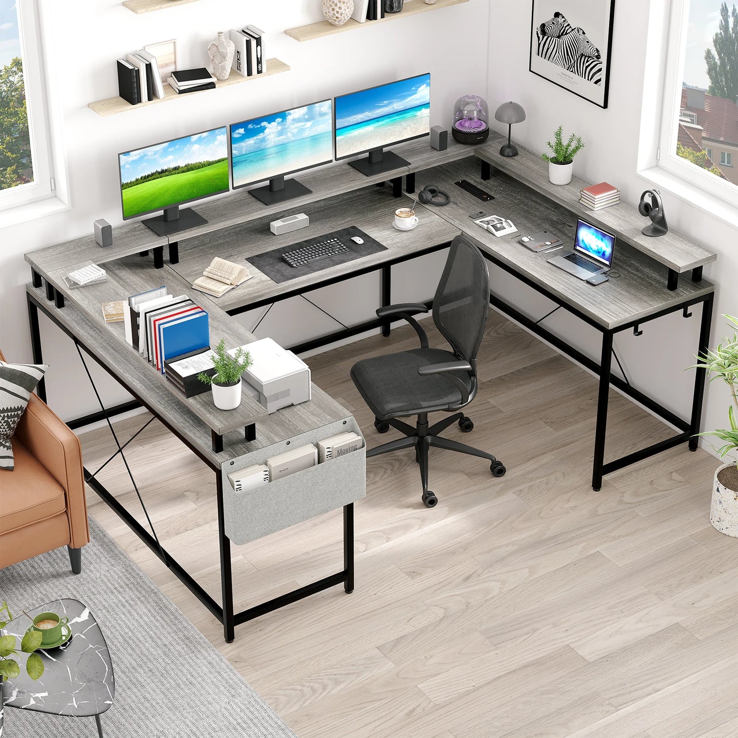 Modern L-Shaped Computer Desk with LED Lights Power Outlet and Shelves