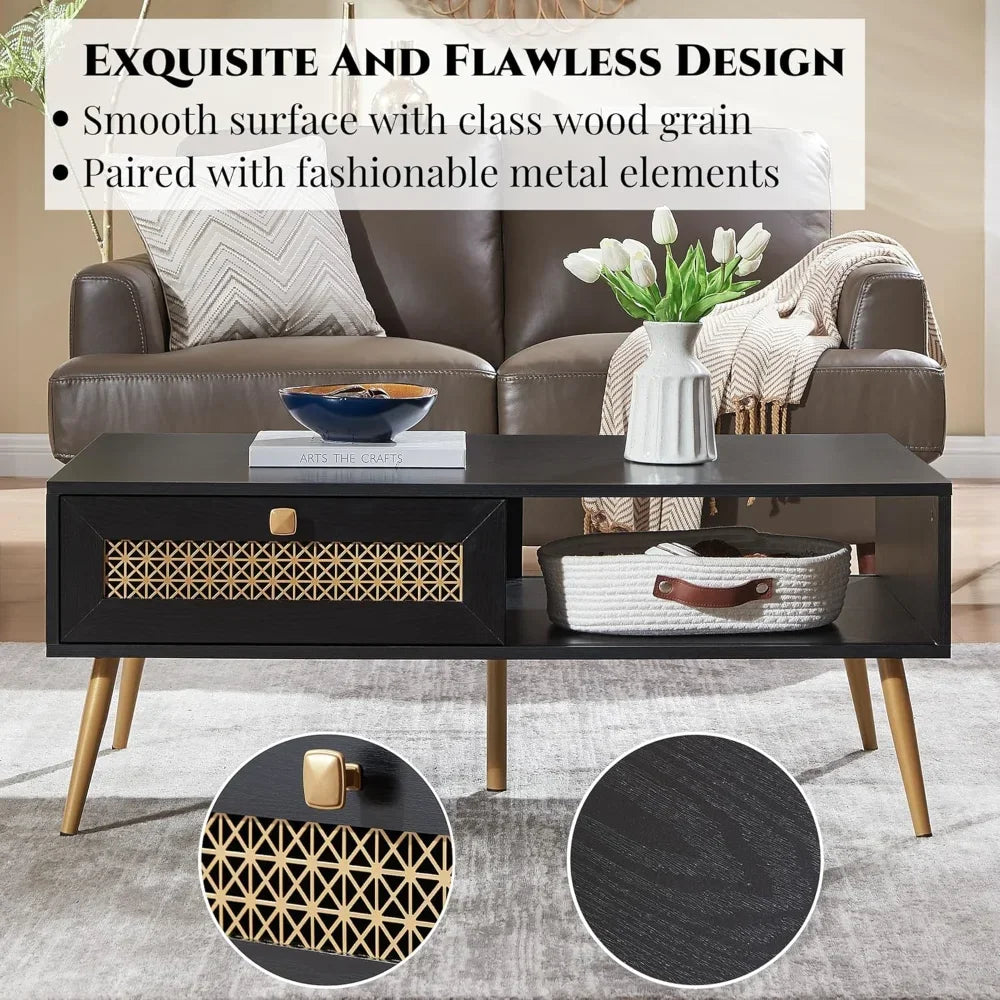 Wooden Mid Century Modern Coffee Table with Sliding Door for Living Room