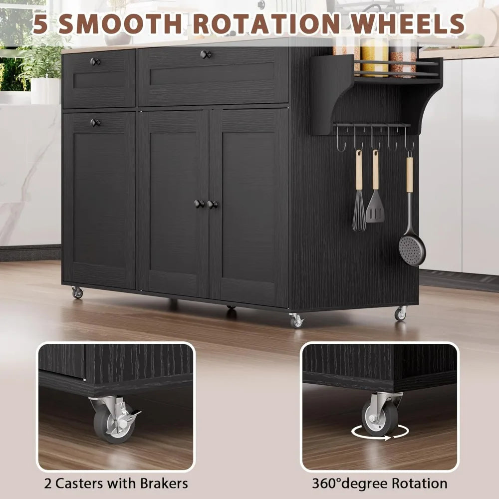 Kitchen Island with Storage on Wheels Drop Leaf Power Outlet Rolling Cart
