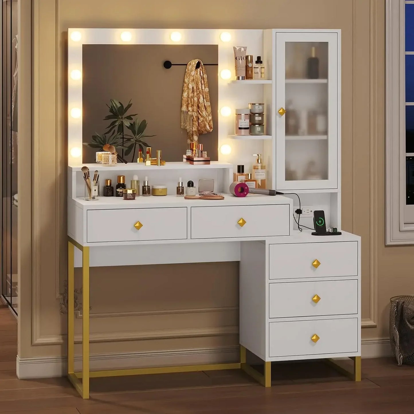 Large Makeup Vanity with Lights Charging Station and 5 Drawers