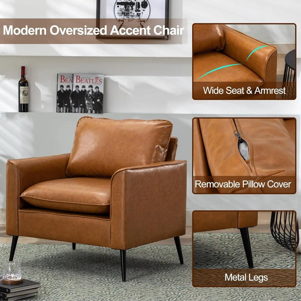 Modern Leather Accent Chair Oversized Upholstered Armchair Living Room
