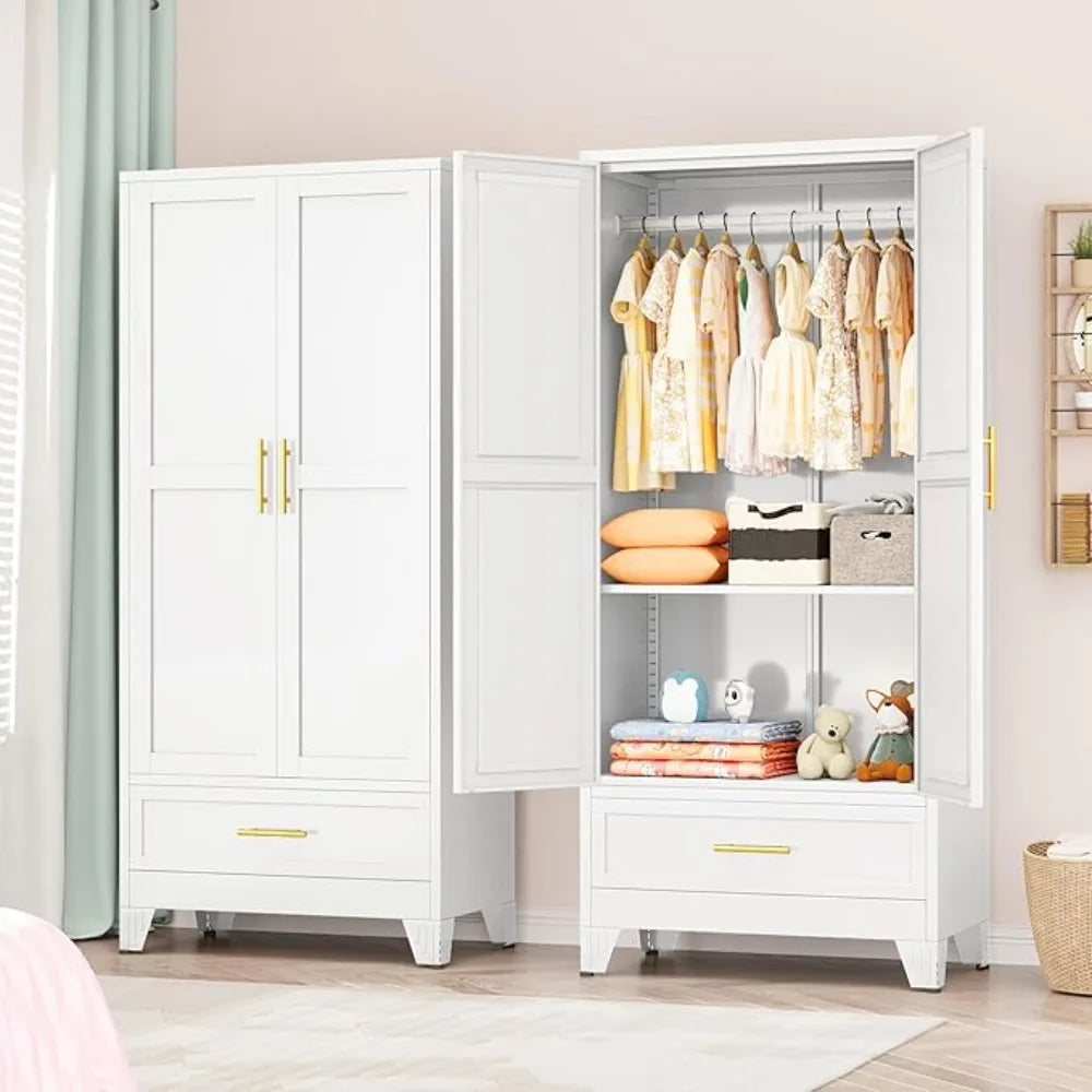2 Doors Wardrobe, 71'' Metal Wardrobes Closet with Drawers and Hanging Rod, Metal Closet with Adjustable Shelves for Bedroom