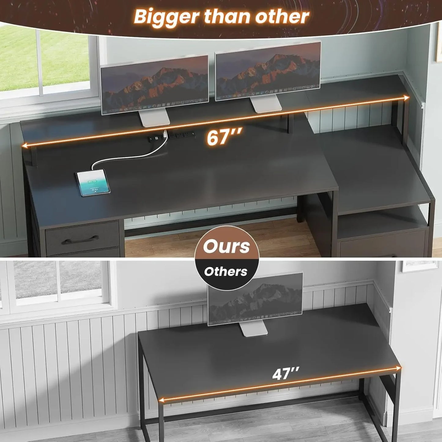 Computer Desk with 5 Drawers Power Outlet LED Lights Home Office Desk