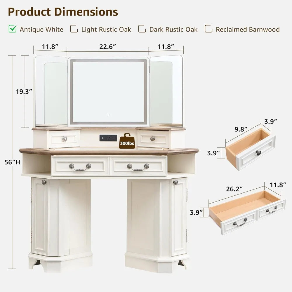 Makeup Vanity Desk with 3 Way Mirror Lights Farmhouse Dressing Table