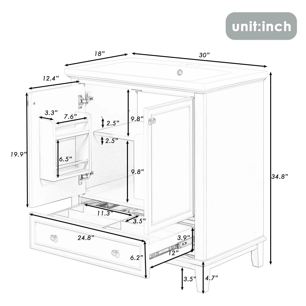 30 Bathroom Vanity Sink Combo Solid Wood MDF Cabinet Storage Modern
