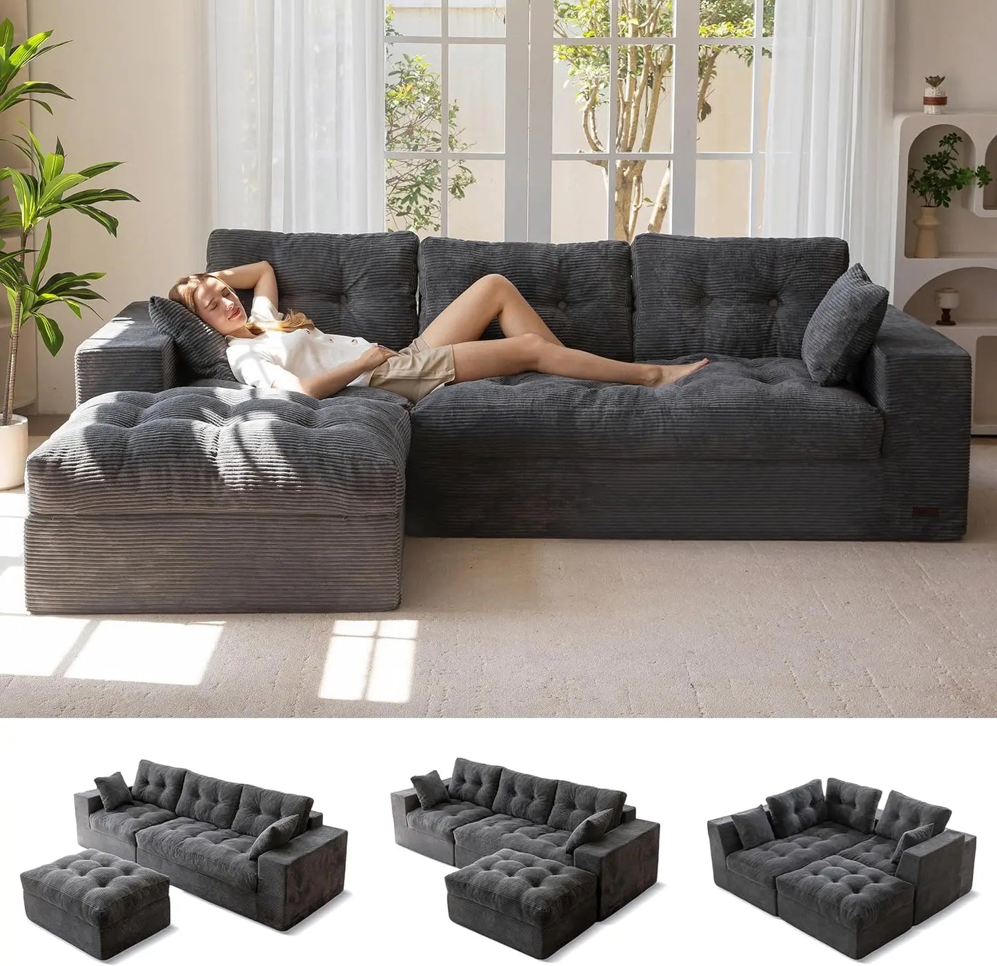 L-Shaped Sectional Sofa Convertible Ottoman Modular Couch Tufted Upholstered