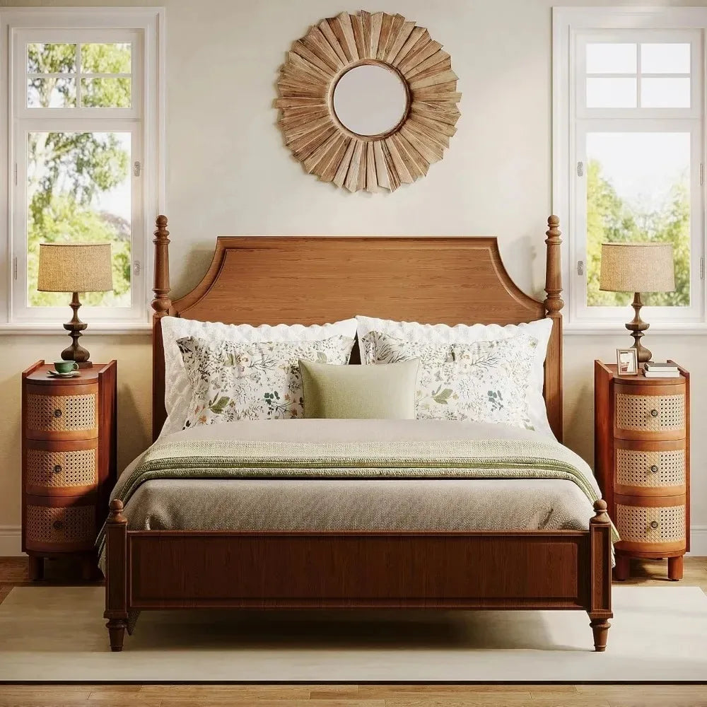 Solid Wood Rattan 3-Drawer End Table Nightstand for Living Room