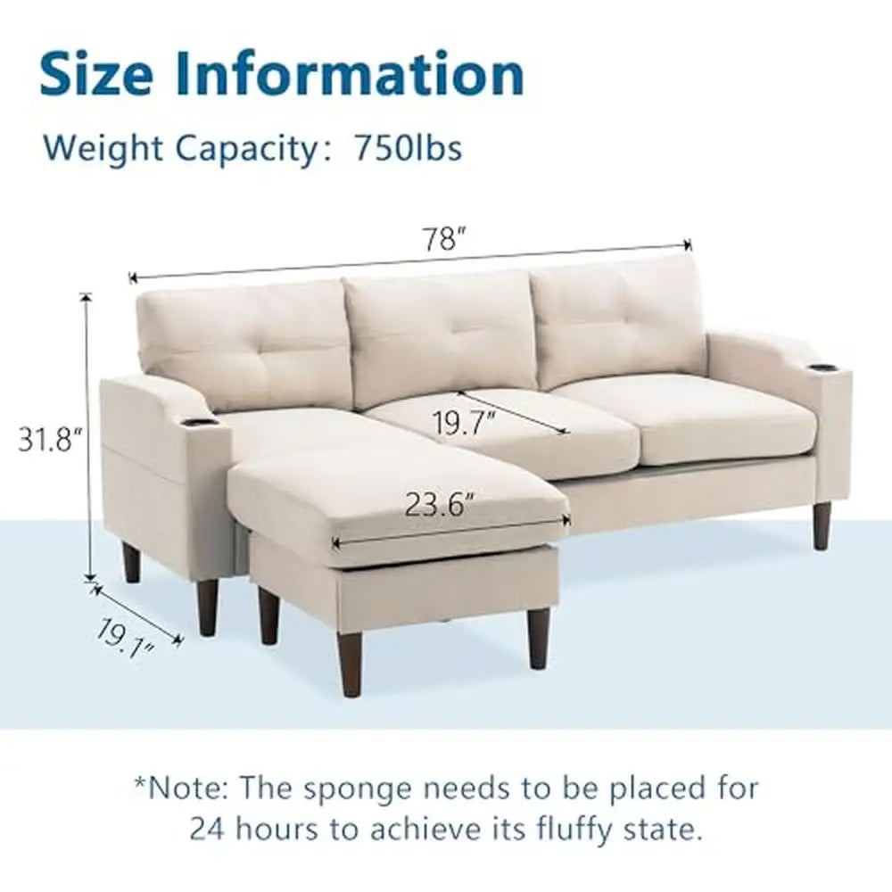 Modern L-Shape Sofa Sectional Couch with USB Port and Storage Ottoman