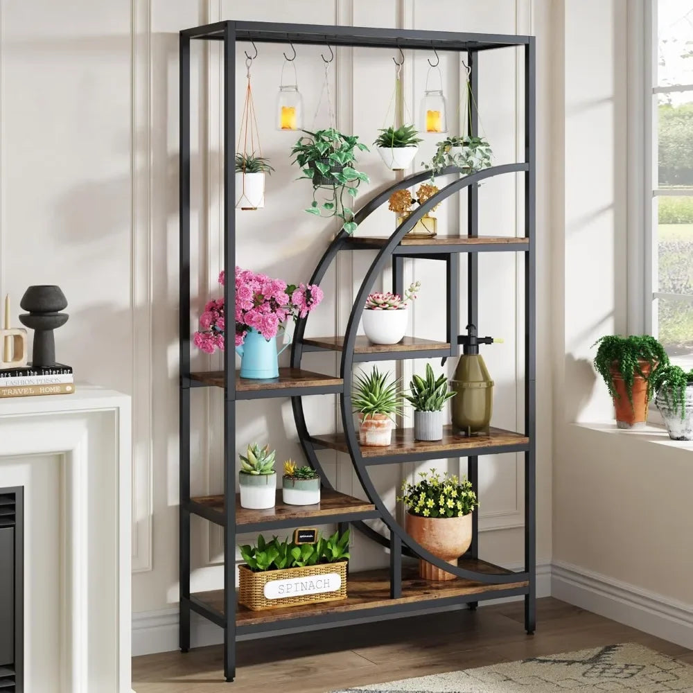 70.9 Inch Tall 7-Tier Half Moon Plant Stand Indoor Shelf with Hooks