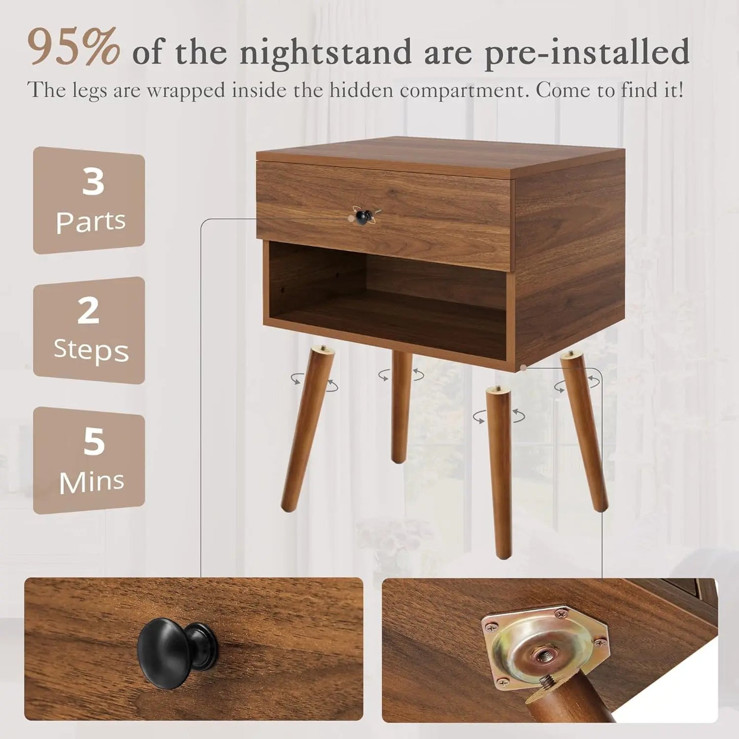 Hidden Compartment Nightstand Mid Century Modern Bedside Table Storage