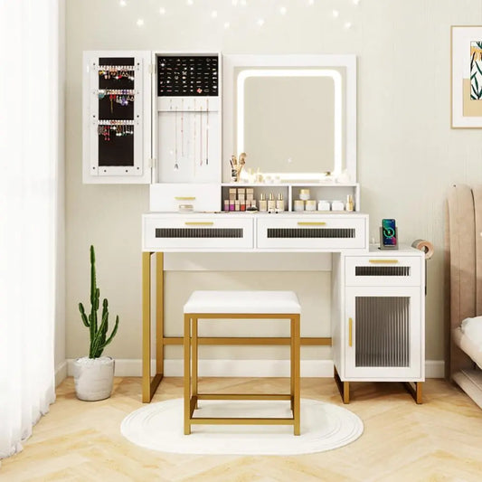 Makeup Vanity Desk Set Lighted Mirror with Stool Dressing Table