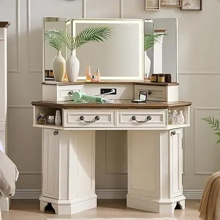 Makeup Vanity Desk with 3 Way Mirror Lights Farmhouse Dressing Table
