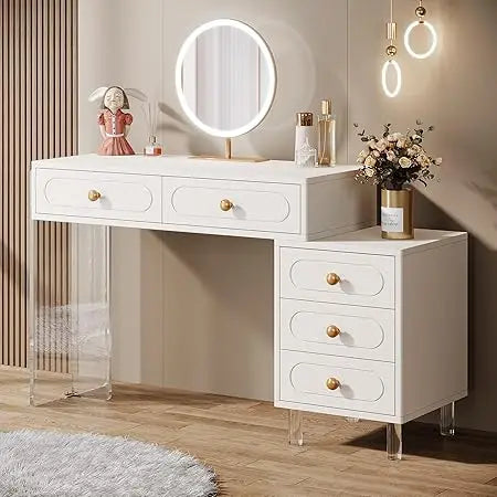 White Makeup Vanity Desk with 5 Drawers Extendable Modern Dressing Table