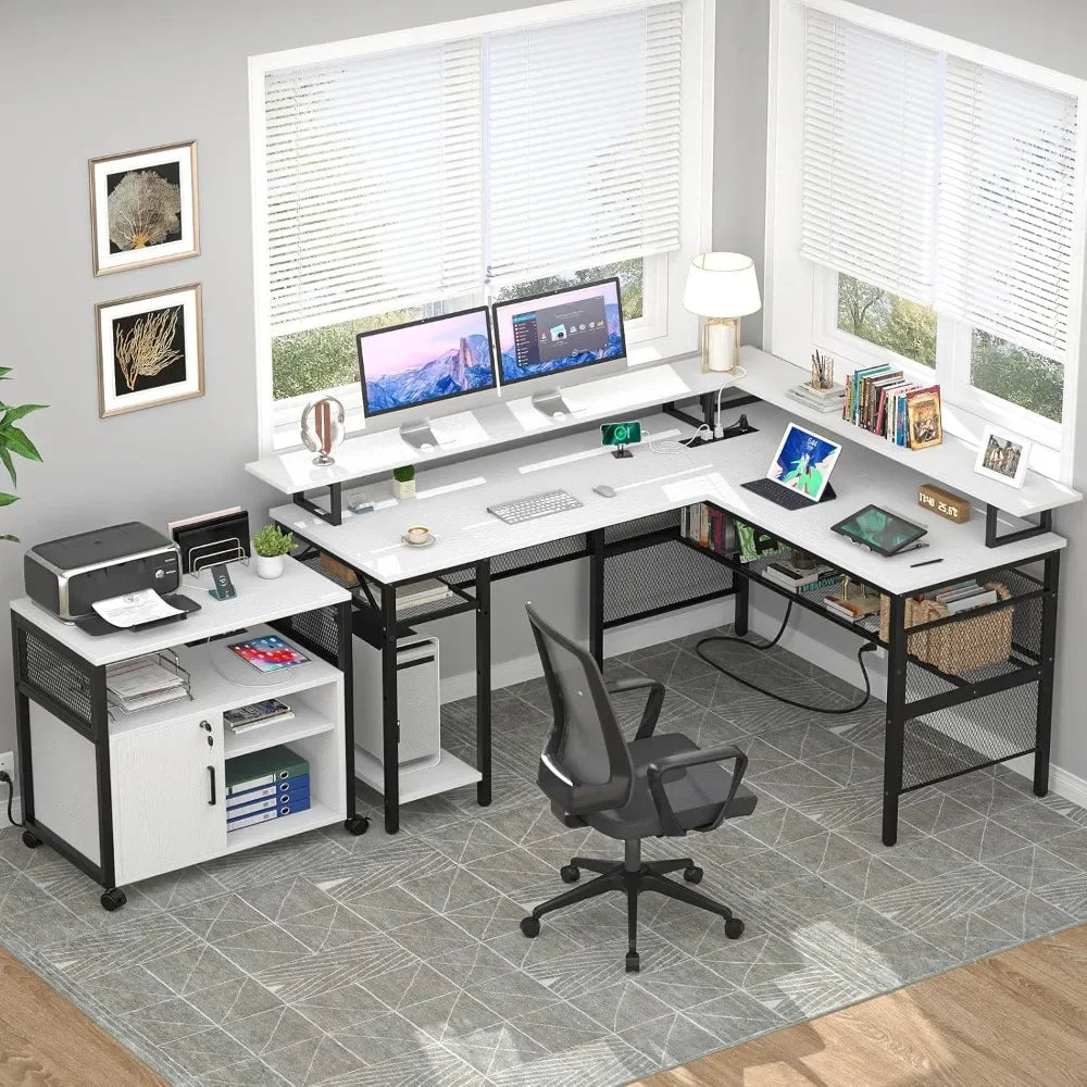 L-Shaped Desk with LED Strip Power Outlets Reversible Corner Design