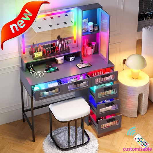New Trend RGB Vanity Desk with Mirror LED Lights USB Wireless Charger