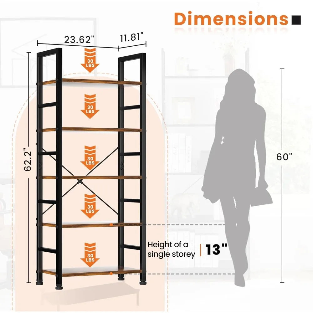 Modern 5 Tier Bookshelf Tall Bookcase Industrial Storage Organizer