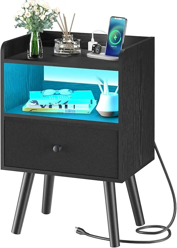 Nightstand with Charging Station LED Lights Modern Bedroom Furniture