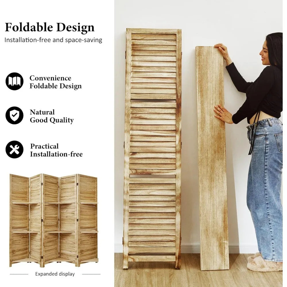 Partition Room Dividers Folding Wood Privacy Screen with Shelves